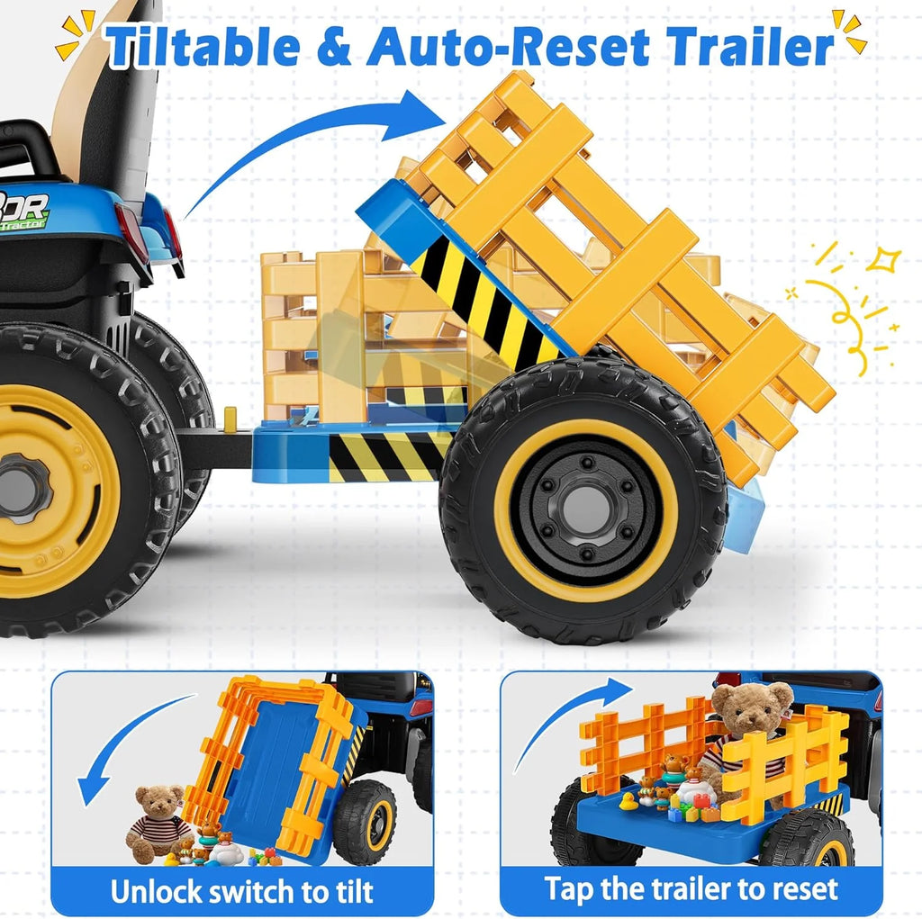 24V Ride On Tractor w/Tiltable & Detachable Trailer, 2x65W Motors, EVA Tires, Remote Control, Bluetooth, Shifter, Music, Electric Car for Kids, Green